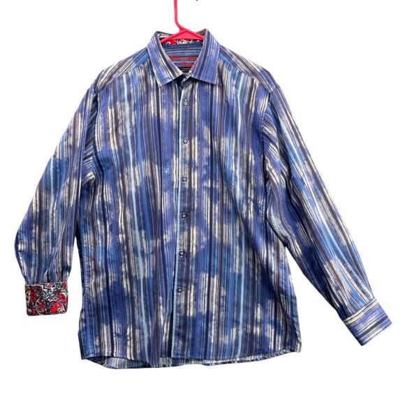 Luchiano Visconti Black Blue Stripe Red Floral Button Down Dress Shirt Men L - Picture 1 of 7